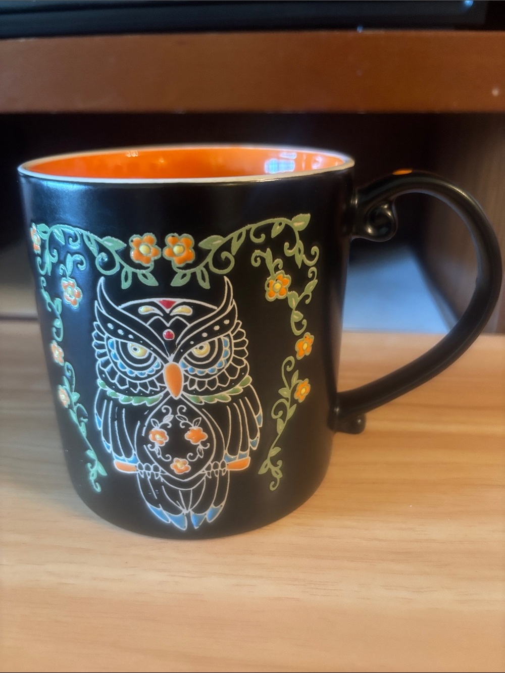 Black and Orange Owl Ceramic Mug with Floral Accents - Picture 2 of 7